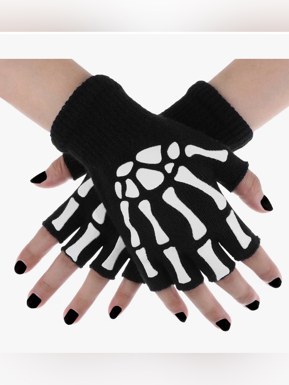 Black Skeleton Fingerless Gloves Glow in the Dark Adult Halloween Pair